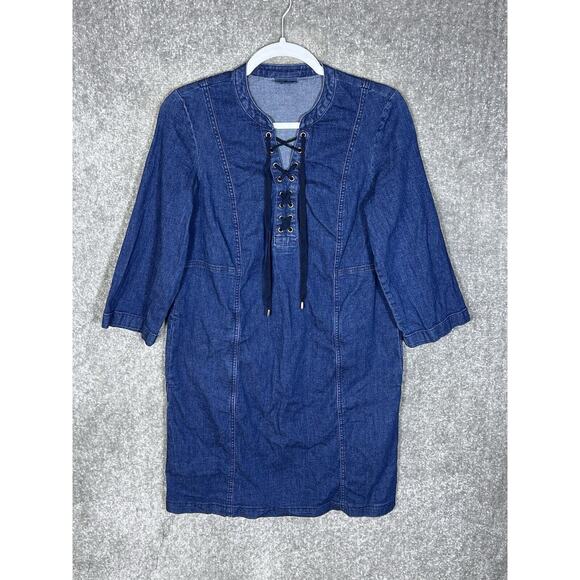J Jill Denim Dress Womens Size Small Blue Lace Up Front Pockets‎ 3/4 Sleeve - Picture 1 of 8